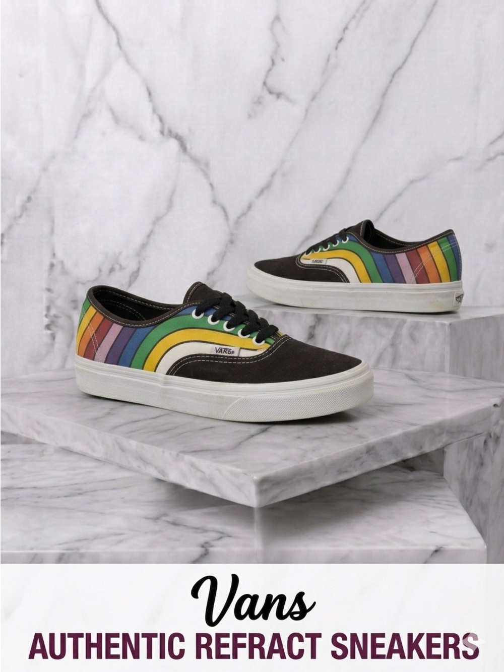Vans Authentic Refract Sneakers Black with Rainbow Stripes Size 7.5 W / 6 Men
